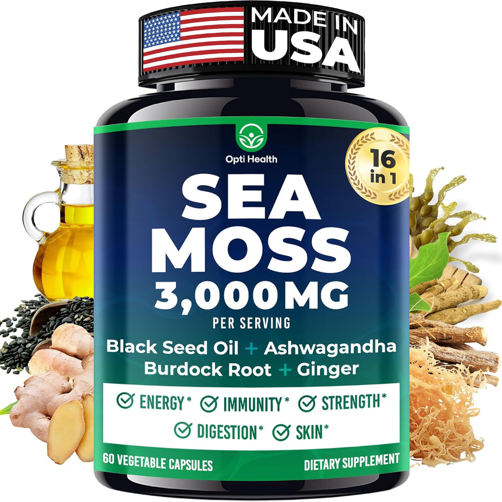 Sea Moss Black Seed Oil Ashwagandha Ginger - Cápsulas Avanzadas de Irish Sea Moss, Suplemento Todo en Uno con Seamoss, Black Seed Oil, Ashwagandha, Burdock Root, Bladderwrack