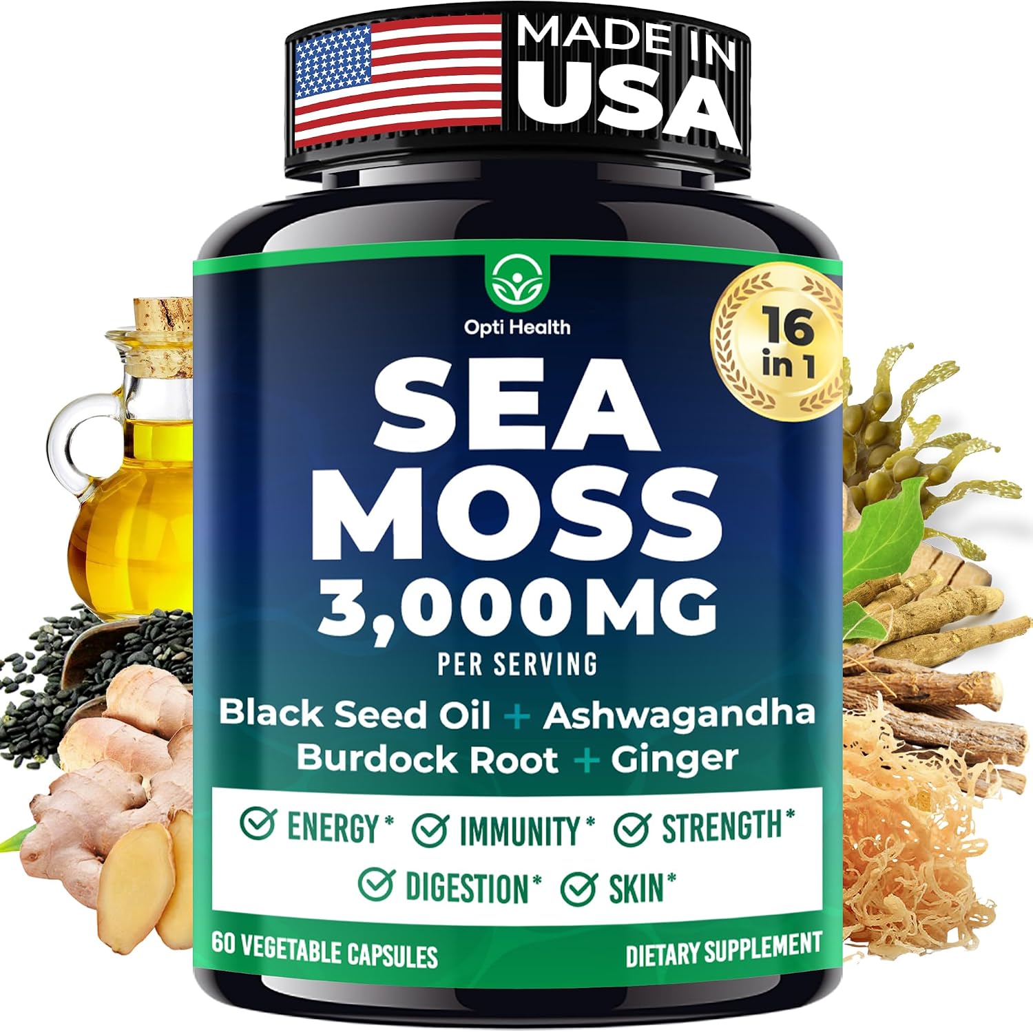 Sea Moss Black Seed Oil Ashwagandha Ginger - Cápsulas Avanzadas de Irish Sea Moss, Suplemento Todo en Uno con Seamoss, Black Seed Oil, Ashwagandha, Burdock Root, Bladderwrack