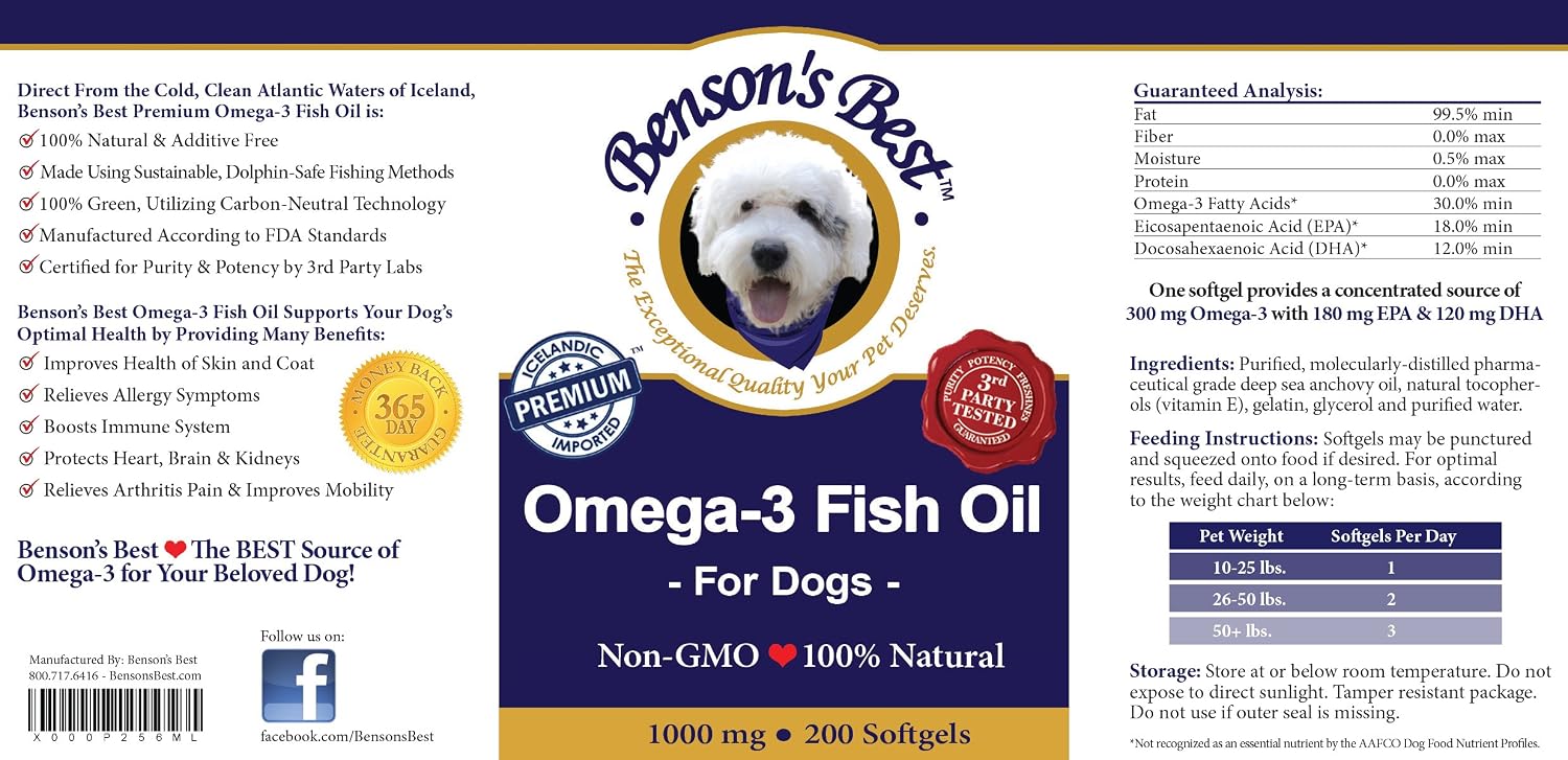 Benson's Best Omega 3 Fish Oil for Dogs - Anchovy Oil Capsules - 200 Count 1000mg Capsules - 100% Pure, Non-GMO, All Natural Supplement for Dogs