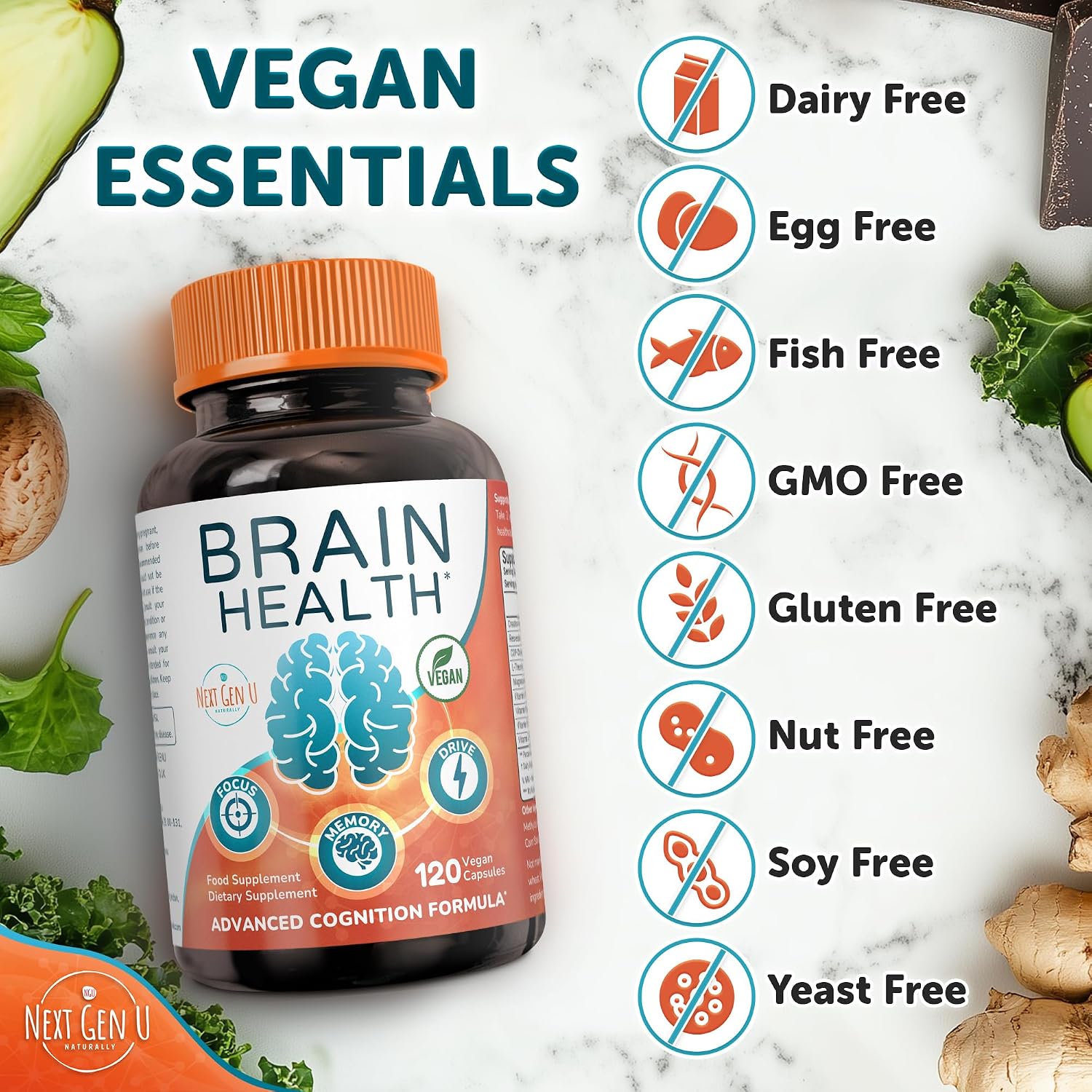 NextGenU Suplemento Cerebral - 120 Cápsulas Veganas - Nootrópico con Aminoácidos, Polifenoles y Vitaminas B