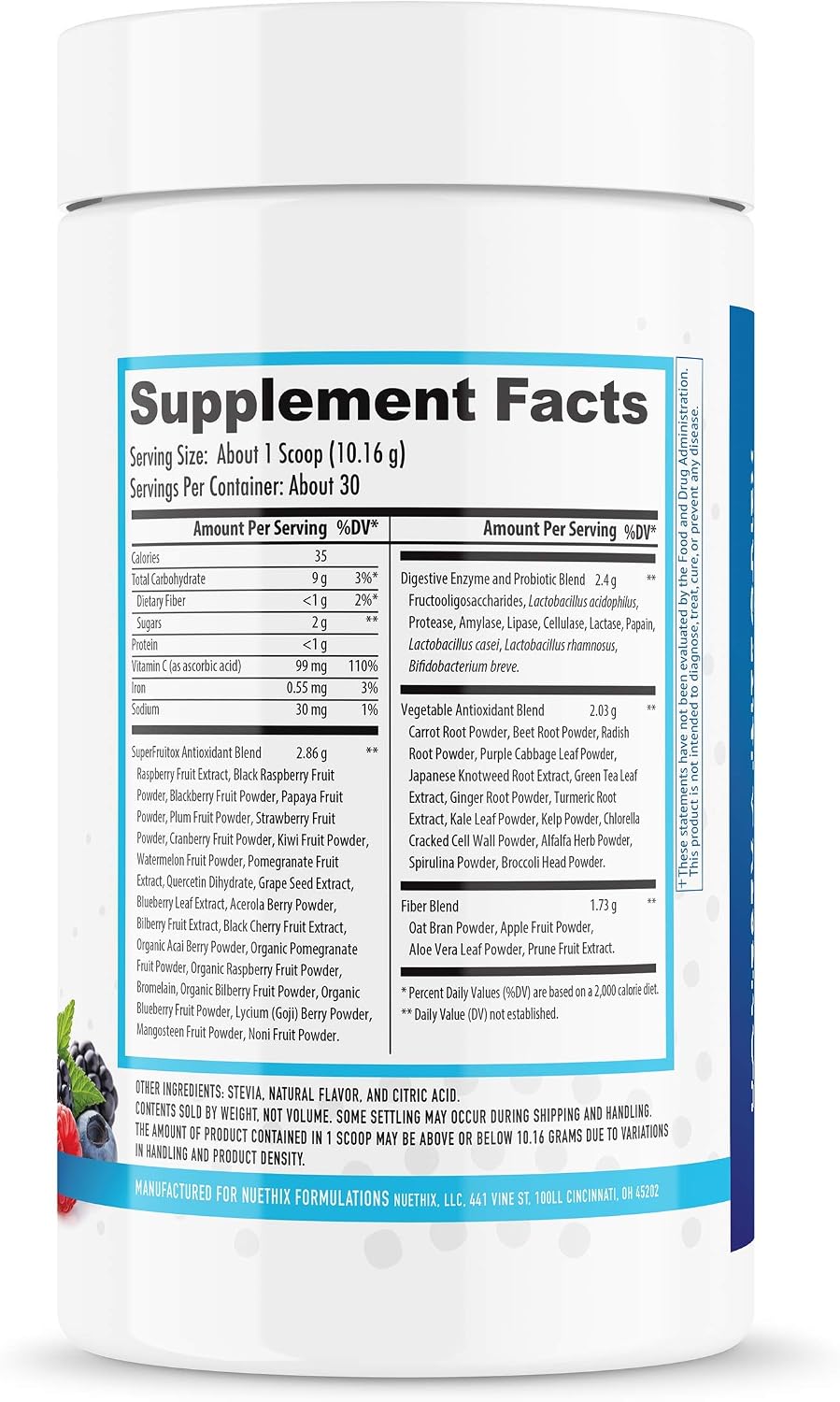 NuEthix Formulations Gourmet Greens Drink Powder – Suplemento en polvo con superalimentos, probióticos y enzimas – Sabor Berry – 30 porciones