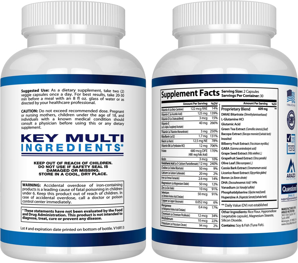 Arazo Nutrition Brain Plus – Suplemento Nootrópico para Memoria, Enfoque y Claridad Mental con DMAE, Bacopa Monnieri, L-Glutamina y Multivitaminas