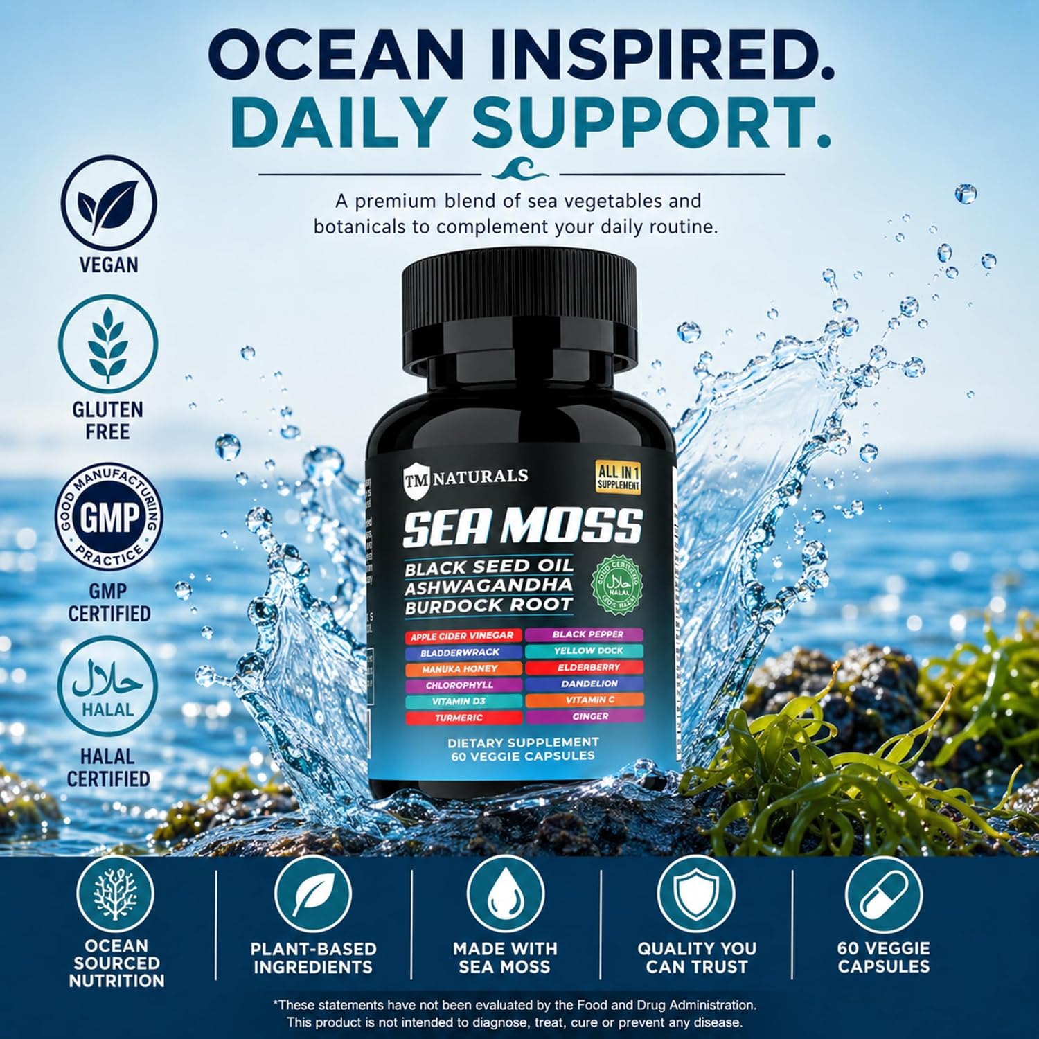 TM NATURALS - Sea Moss con Aceite de Nigella, Vitamina C, Ashwagandha y Cúrcuma, 60 Cápsulas Veganas + Pastillero Gratis
