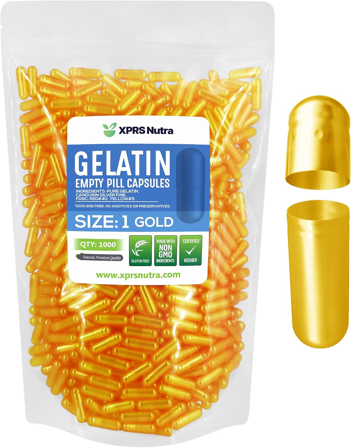 XPRS Nutra Cápsulas Vacías de Gelatina Tamaño 1 - 1000 Unidades - Cápsulas de Gelatina Bovina para Rellenar (Oro)