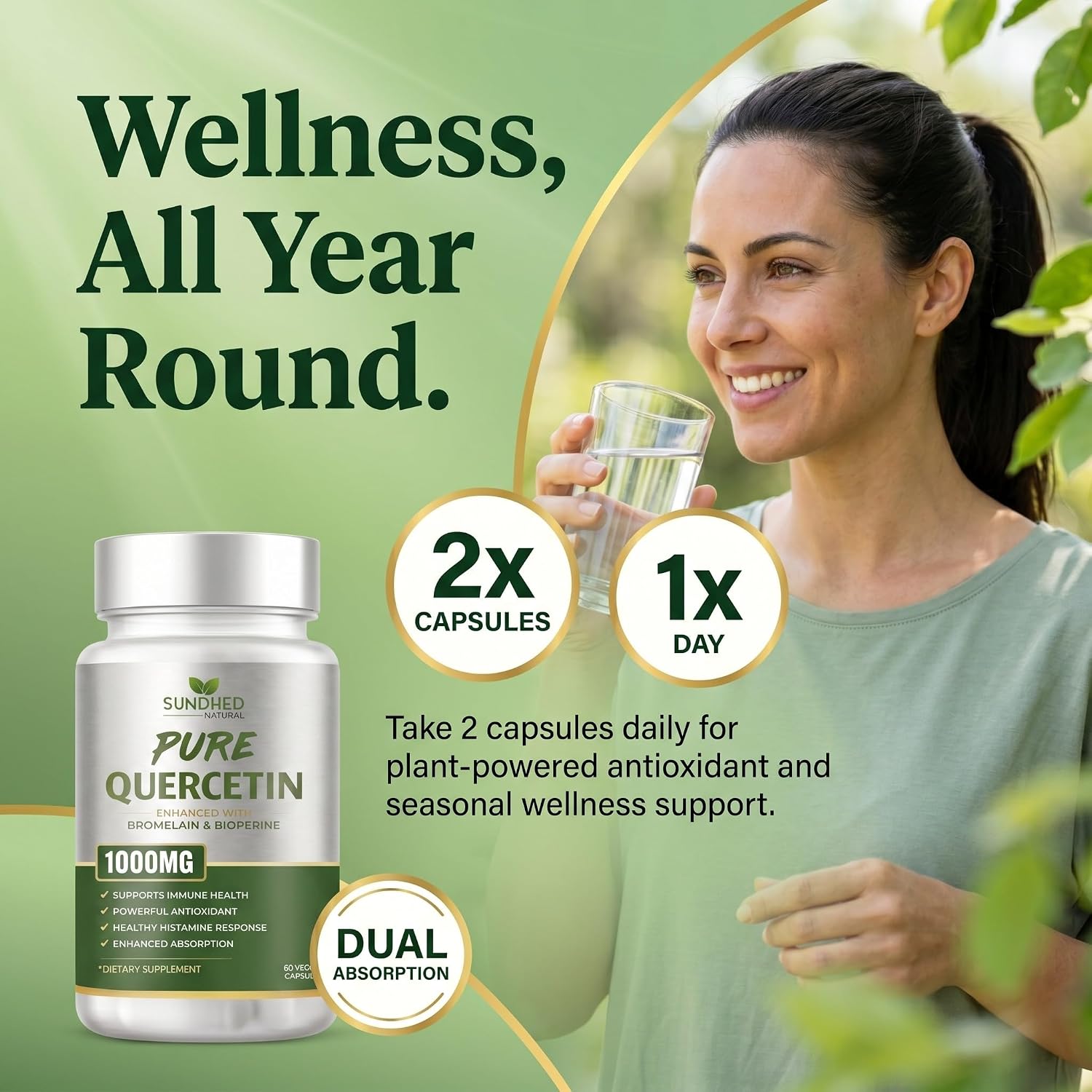Sundhed Natural Quercetina Pura con Bromelina y Bioperina - 1000 mg, 60 Cápsulas