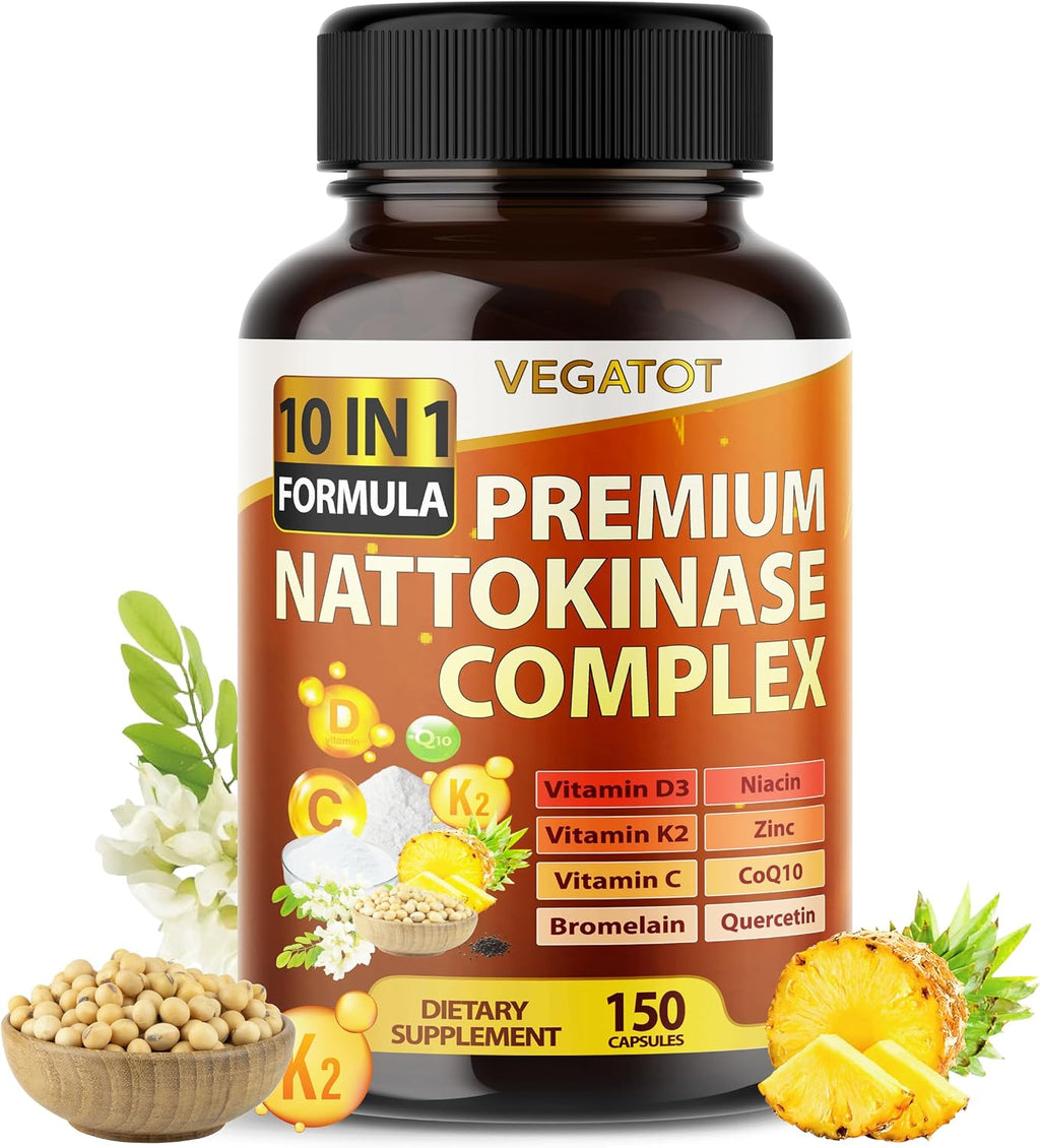 Vegatot Nattokinase Supplement, 10-in-1 Nattokinase Complex 6000 FU with Vitamin K2, CoQ10, Quercetin, Bromelain, & Niacin, Daily Enzyme & Wellness Support*, 150 Capsules, Non-GMO, Gluten Free