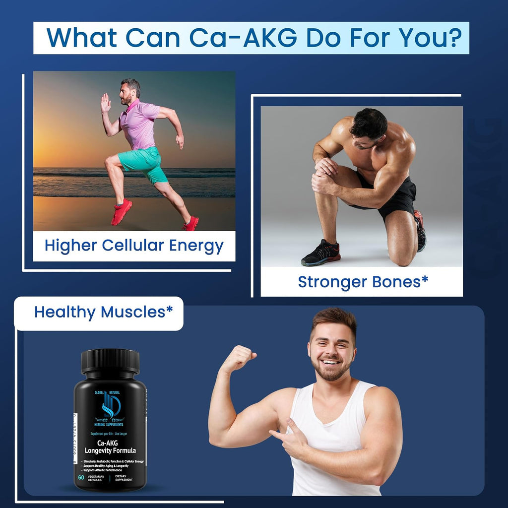 Global Natural Healing Supplements Ca-AKG Alfa-cetoglutarato de Calcio, 1000 mg, 60 Cápsulas Veganas