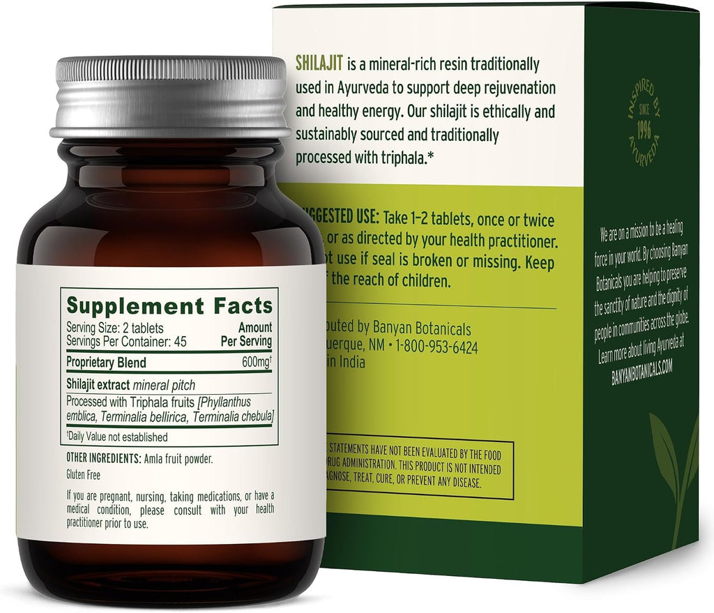 Banyan Botanicals Shilajit – 90 Tabletas Prensadas Puras para Energía y Vitalidad