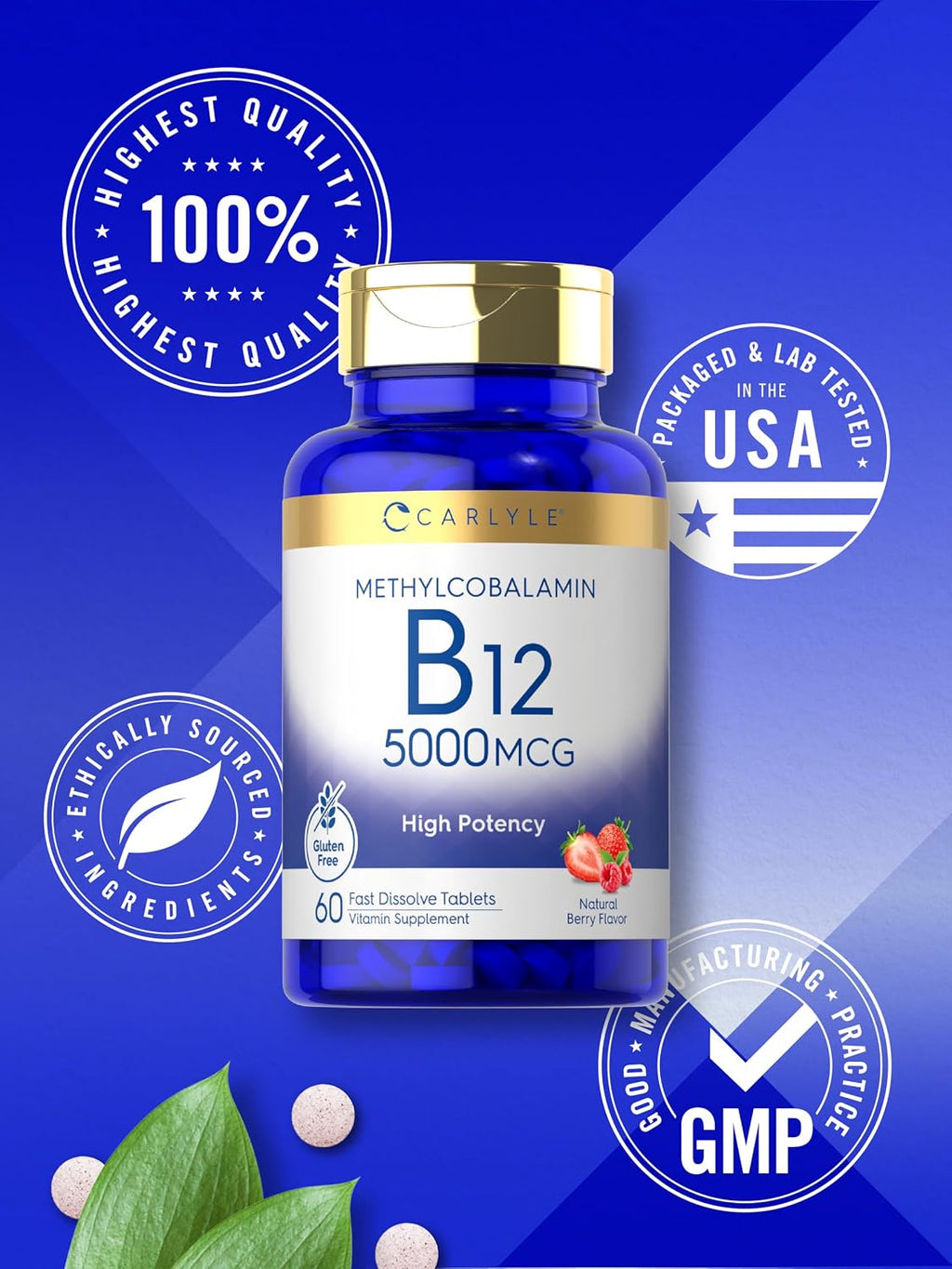 Carlyle Metilcobalamina Vitamina B12 5000mcg | 60 Comprimidos de Disolución Rápida | para Adultos | Vegetariano, Sin Gluten y No-GMO