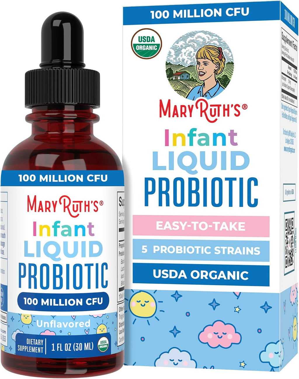 MaryRuth's Probiótico Líquido Orgánico para Bebés de 6 a 12 Meses | 100 Millones UFC | 5 Cepas | USDA Orgánico | Vegano | Sin Sabor | 30 ml