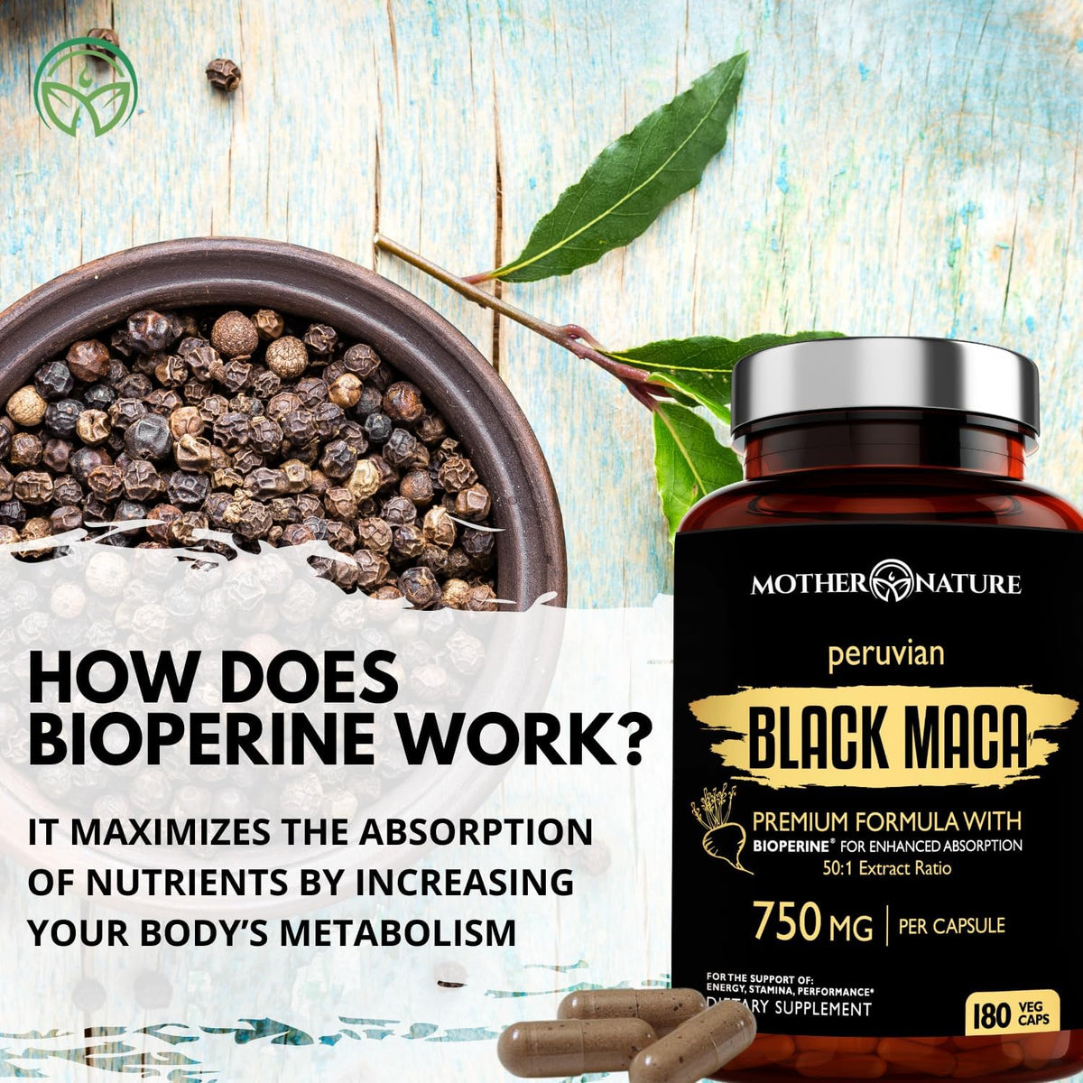 MNO Maca Negra Orgánica 750mg + BioPerine, 180 Cápsulas – Image 8