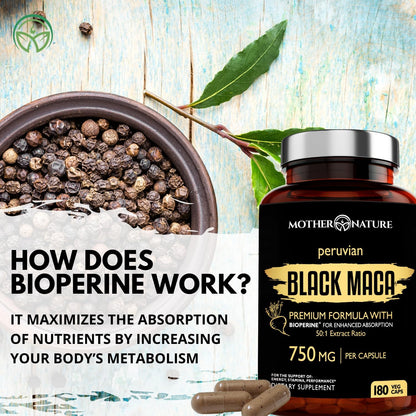 MNO Maca Negra Orgánica 750mg + BioPerine, 180 Cápsulas – Image 8