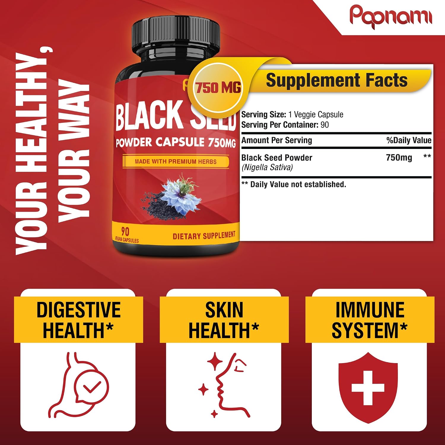 Cápsulas de Semilla Negra Pura 750mg - Suplemento Natural de Papnami (90 Cápsulas, 3 Meses)