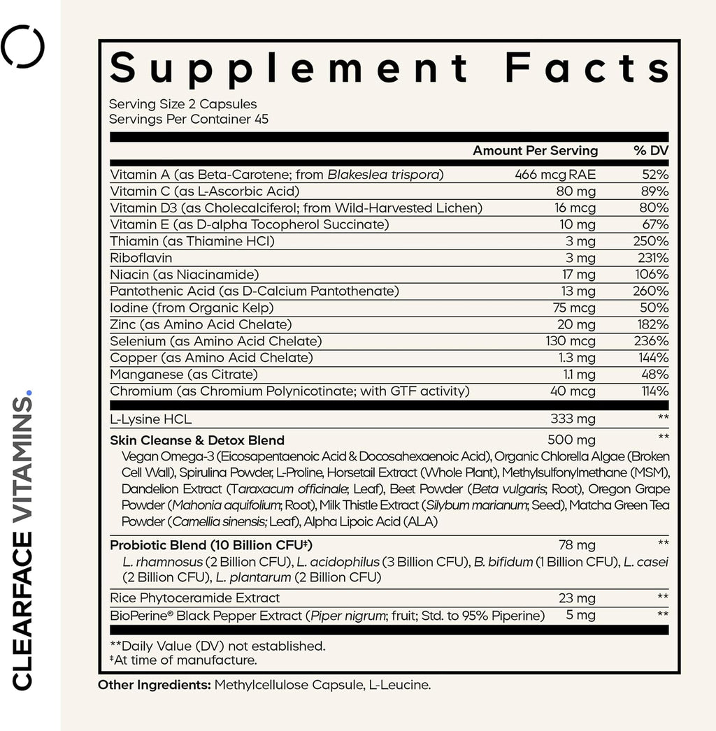 Codeage Clearface Vitamins+ – Vitaminas y Minerales para la Piel, 90 Cápsulas