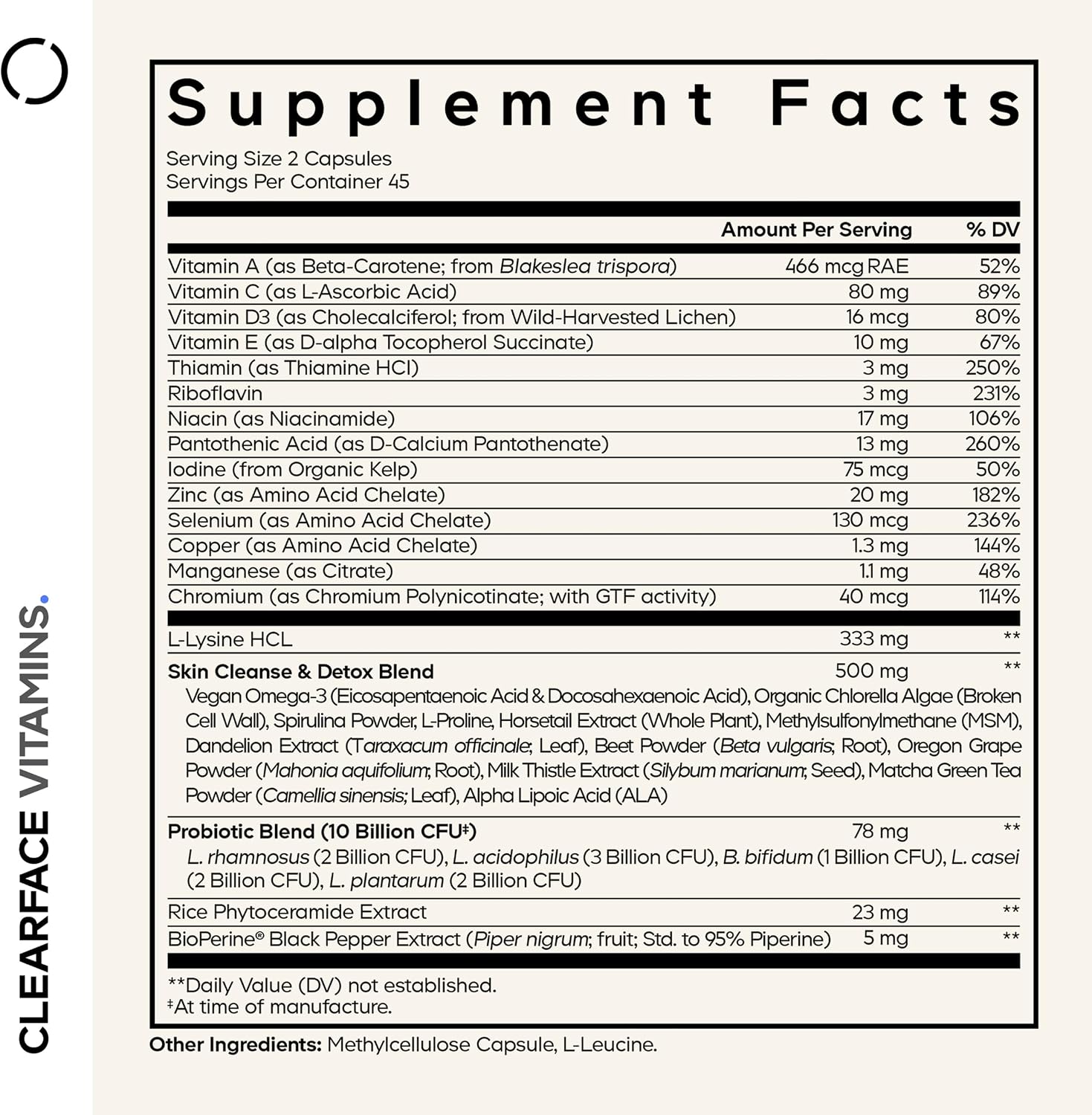 Codeage Clearface Vitamins+ – Vitaminas y Minerales para la Piel, 90 Cápsulas
