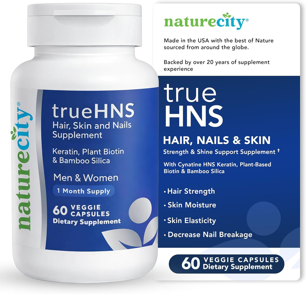 NatureCity True-HNS – Suplemento de Biotina Vegetal y Queratina para Cabello, Piel y Uñas | 60 Cápsulas