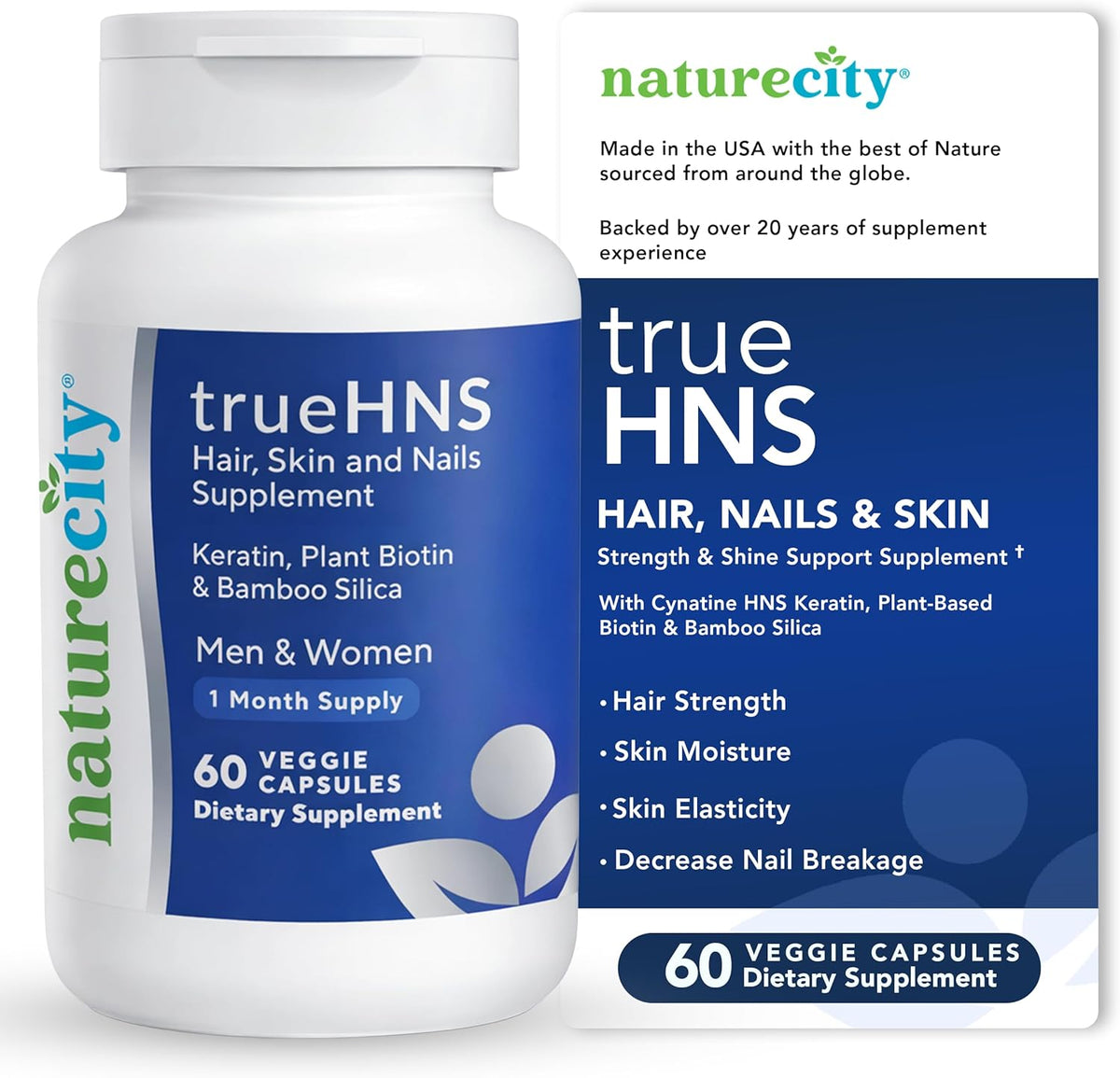 NatureCity True-HNS – Suplemento de Biotina Vegetal y Queratina para Cabello, Piel y Uñas | 60 Cápsulas – Image 1