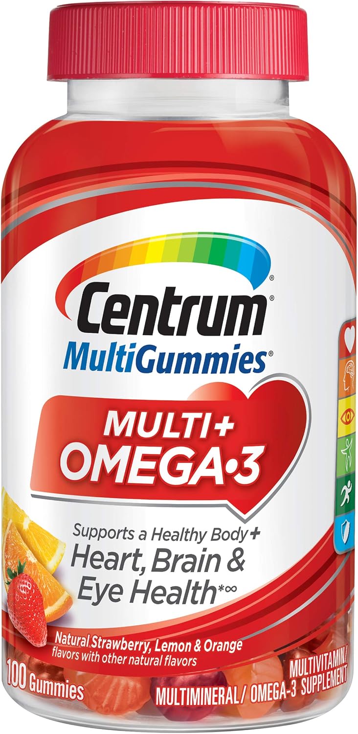 Centrum MultiGummies Omega 3 Multivitamínico en Gominolas para Adultos, Fresa, Limón y Naranja, 100 Gominolas