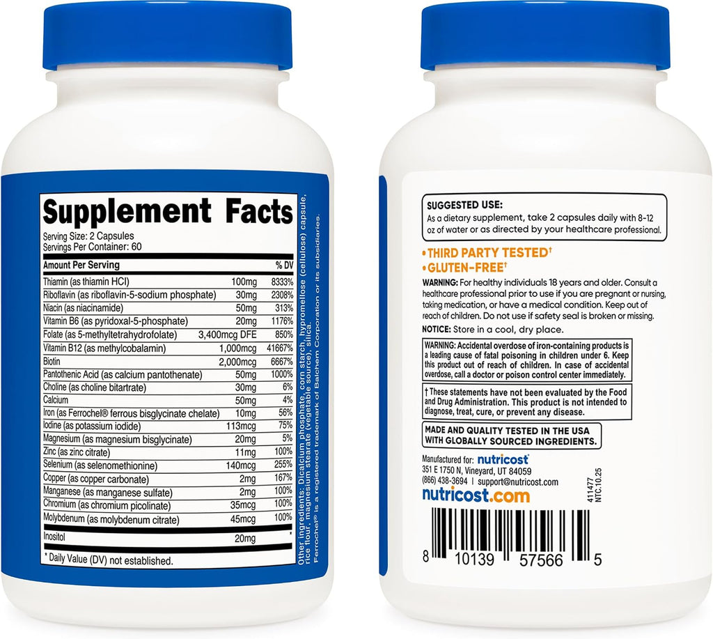 Nutricost Methylated Vitamin B Complex 120 Cápsulas - (60 Servicios) Sin Gluten