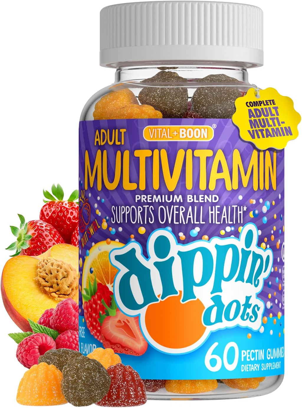Vital+Boon Dippin' Dots - Gominolas Multivitamínicas para Adultos - Vitaminas A, B6, C, D3, E y Ácido Fólico - Vegetarianas, No GMO, Sin Gluten (60 Unidades)