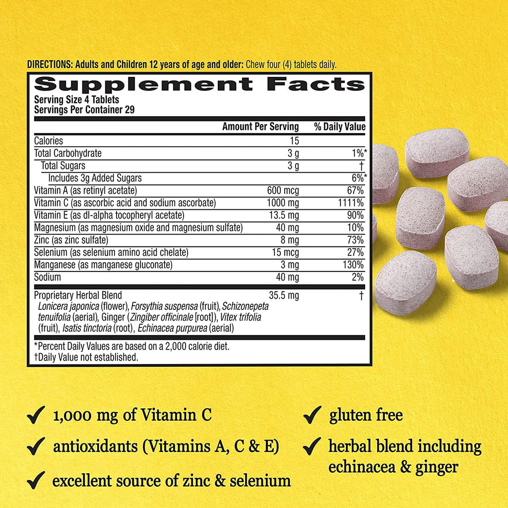 Airborne Vitamina C 1000 mg + Zinc – Comprimidos masticables sabor Frutos Rojos y Cítricos – 116 comprimidos