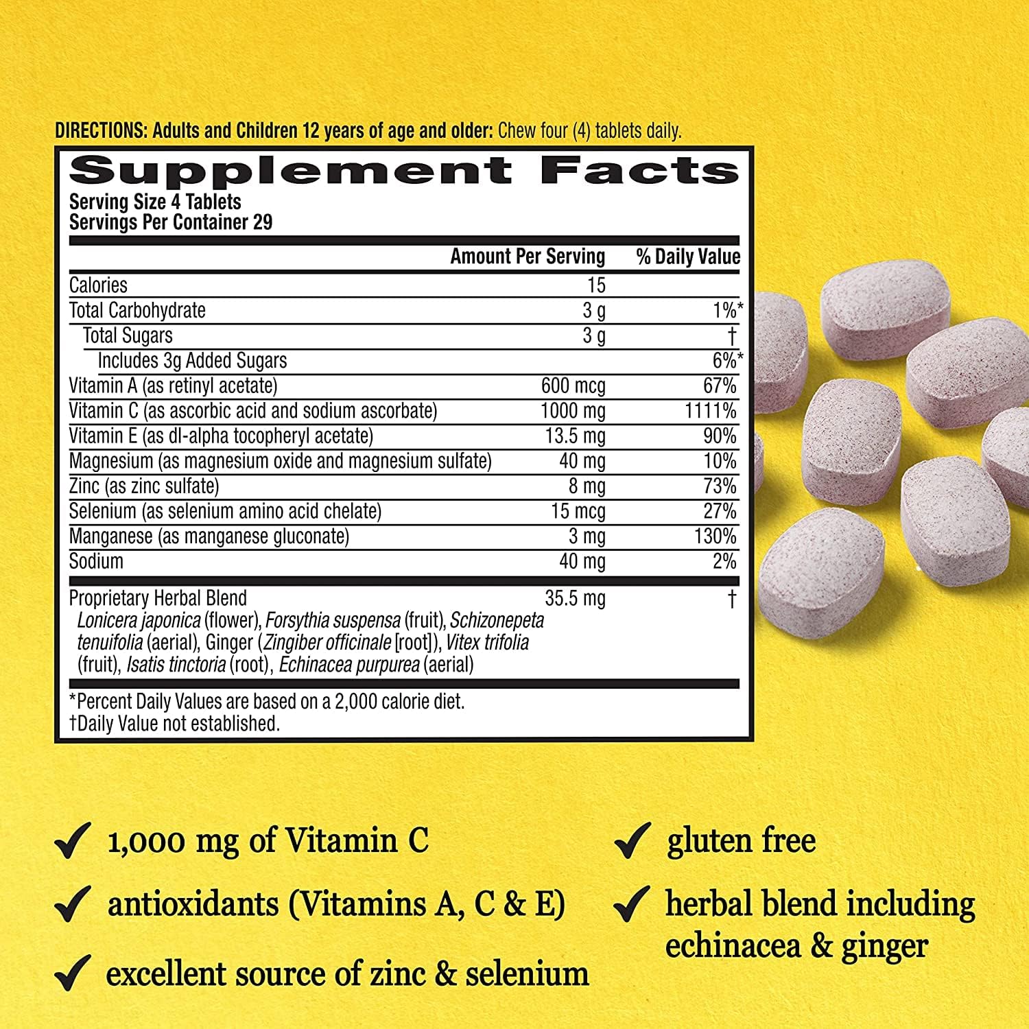 Airborne Vitamina C 1000 mg + Zinc – Comprimidos masticables sabor Frutos Rojos y Cítricos – 116 comprimidos