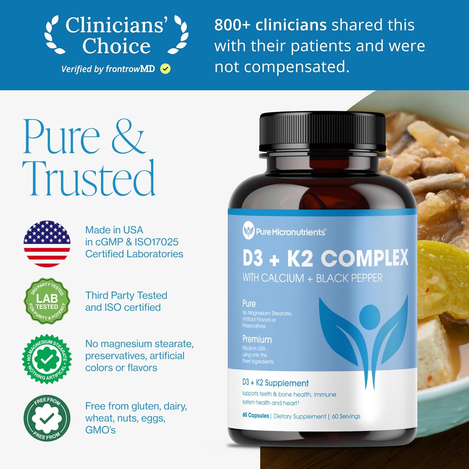 Pure Micronutrients Vitamina D3 K2 - MK7 100mcg, D3 5000 UI, con BioPerine - Vegano - 60 Cápsulas