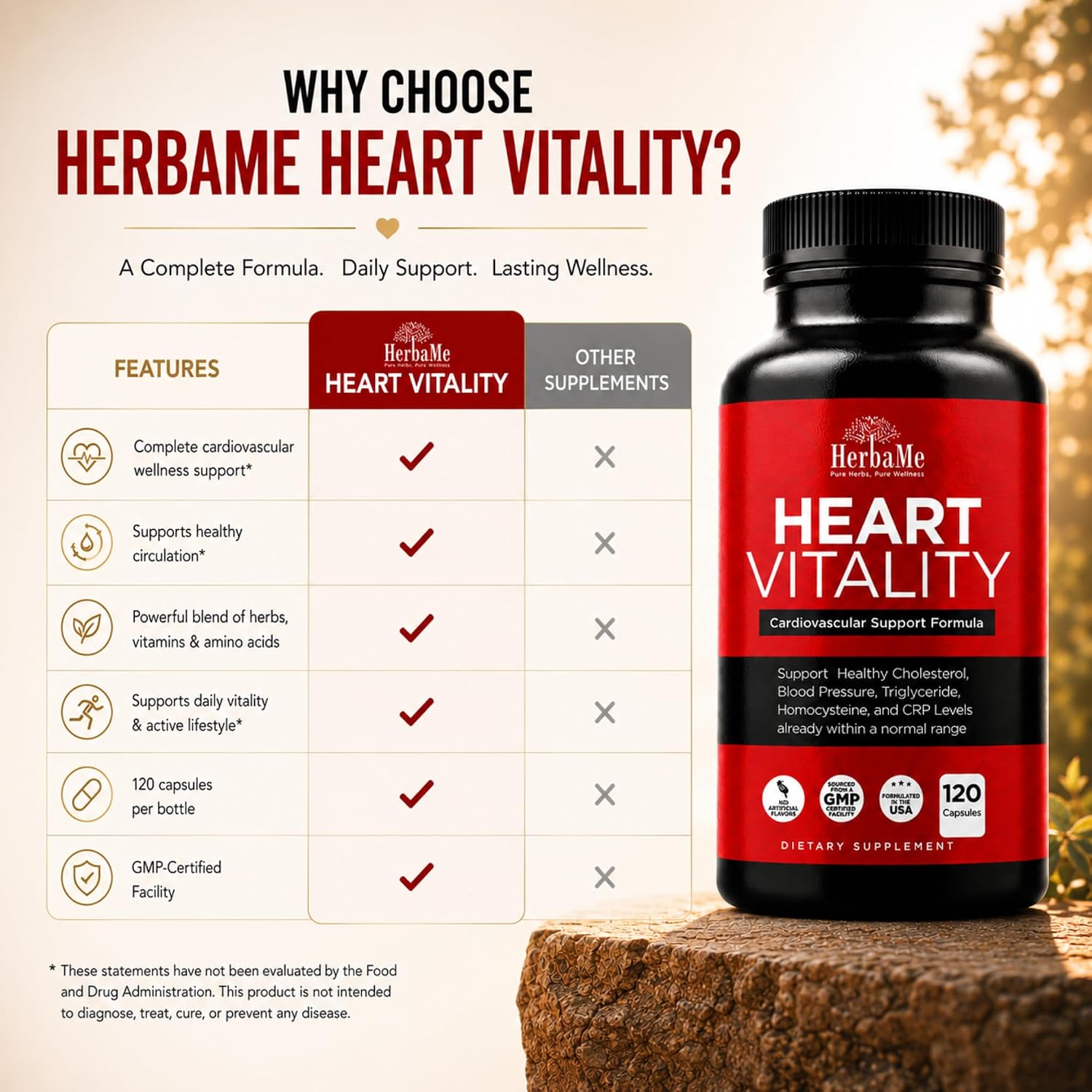 HerbaMe Heart Support – Suplemento para el Corazón con L-Arginina, Citrulina y CoQ10, 120 Cápsulas
