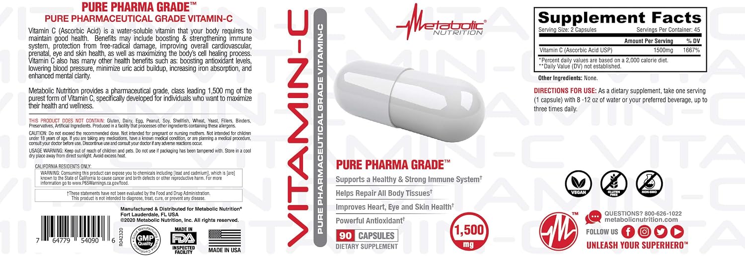 Vitamina C 1500 mg, Cápsulas de Ácido Ascórbico Puro - Metabolic Nutrition
