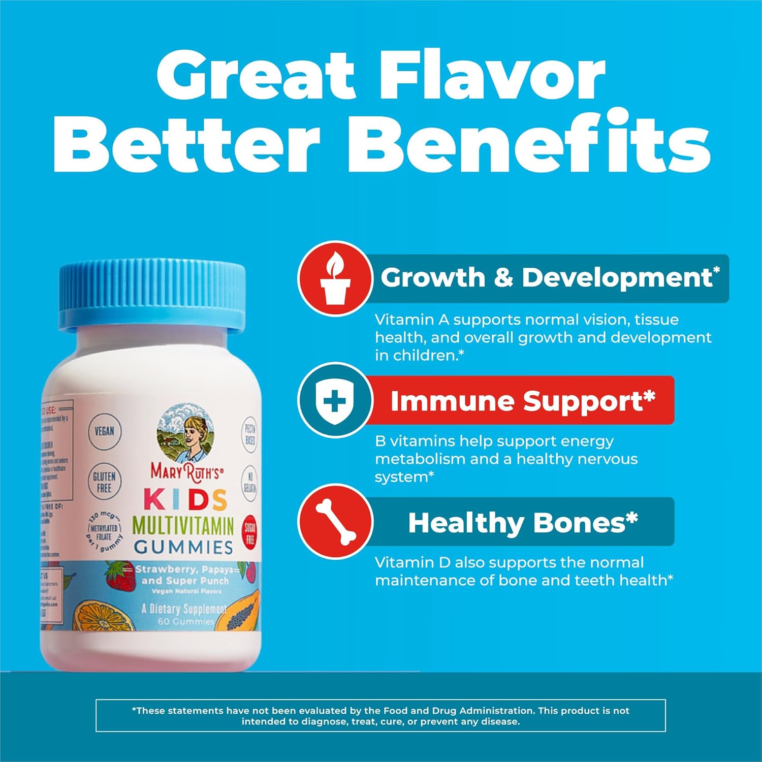 MaryRuth's Kids Multivitamin Gummies - Multivitamínico infantil sin azúcar, 60 gominolas