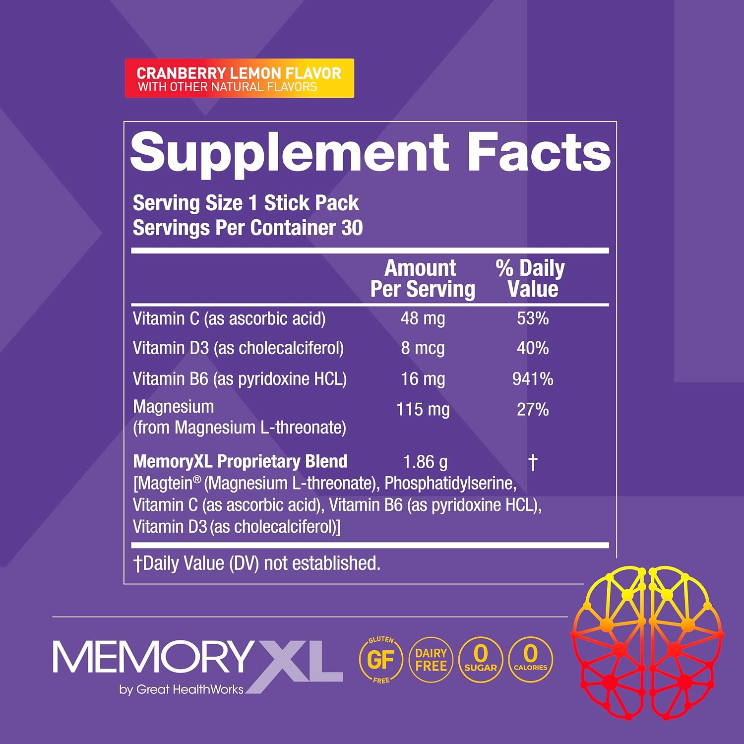 MemoryXL - Magnesio L-Treonato con Fosfatidilserina y Vitaminas - 30 sticks sabor arándano limón