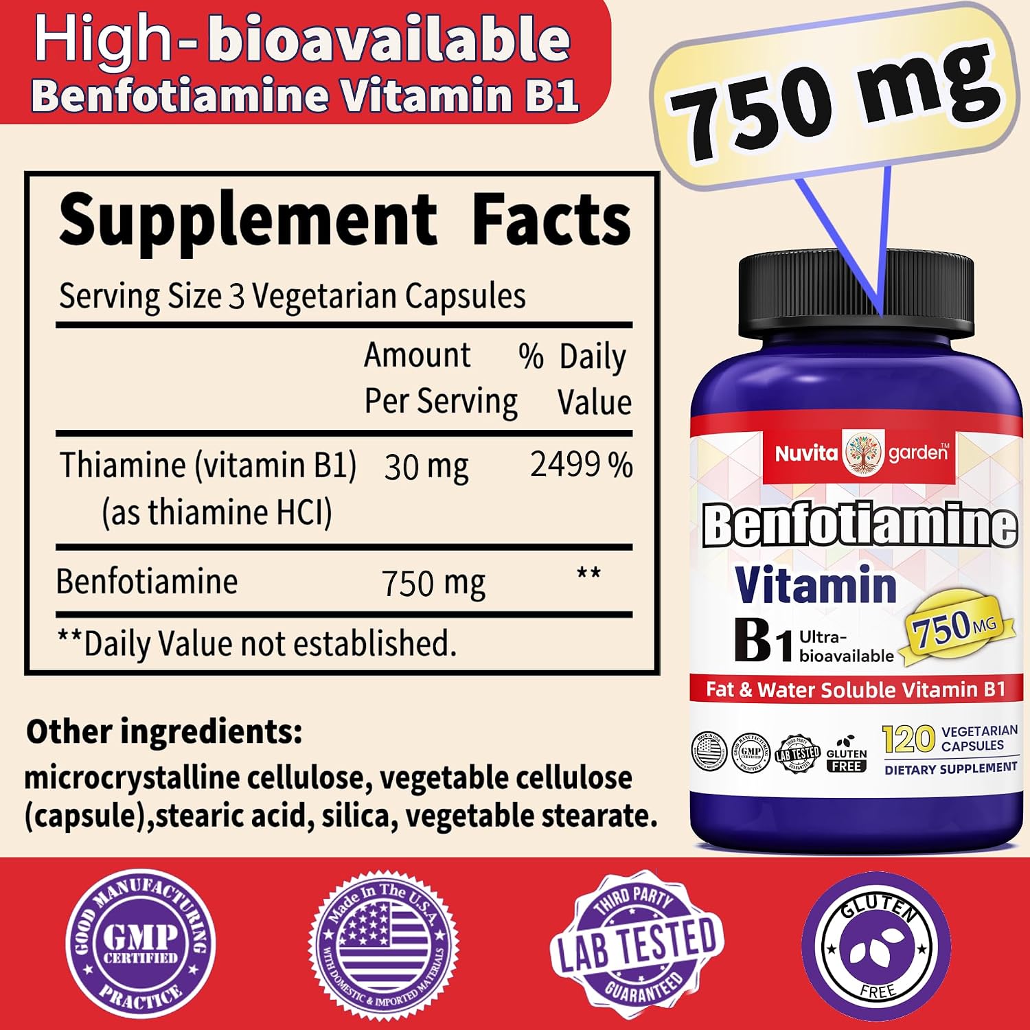 Benfotiamina 750 mg, 120 Cápsulas Vegetales - Vitamina B1 Liposoluble