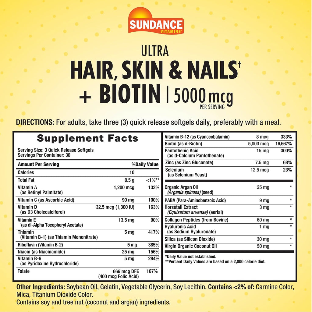 Sundance Hair, Skin & Nails Complex - Biotina 5000 mcg, 90 Cápsulas Blandas