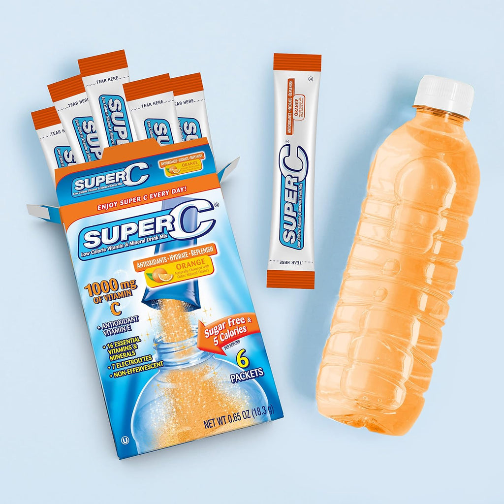 Super C Vitamina y Mineral Bebida en Polvo, Naranja, 6 Sobres por Caja, Paquete de 12 (72 Sobres en Total)