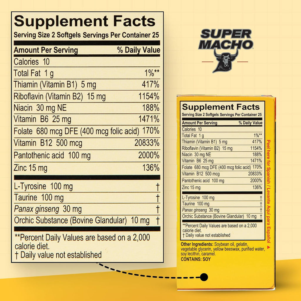 Super Macho, Complejo Vitamínico B y Aminoácidos de Alta Potencia para Hombres Activos, Sin Cafeína ni Azúcar, 50 Cápsulas Blandas