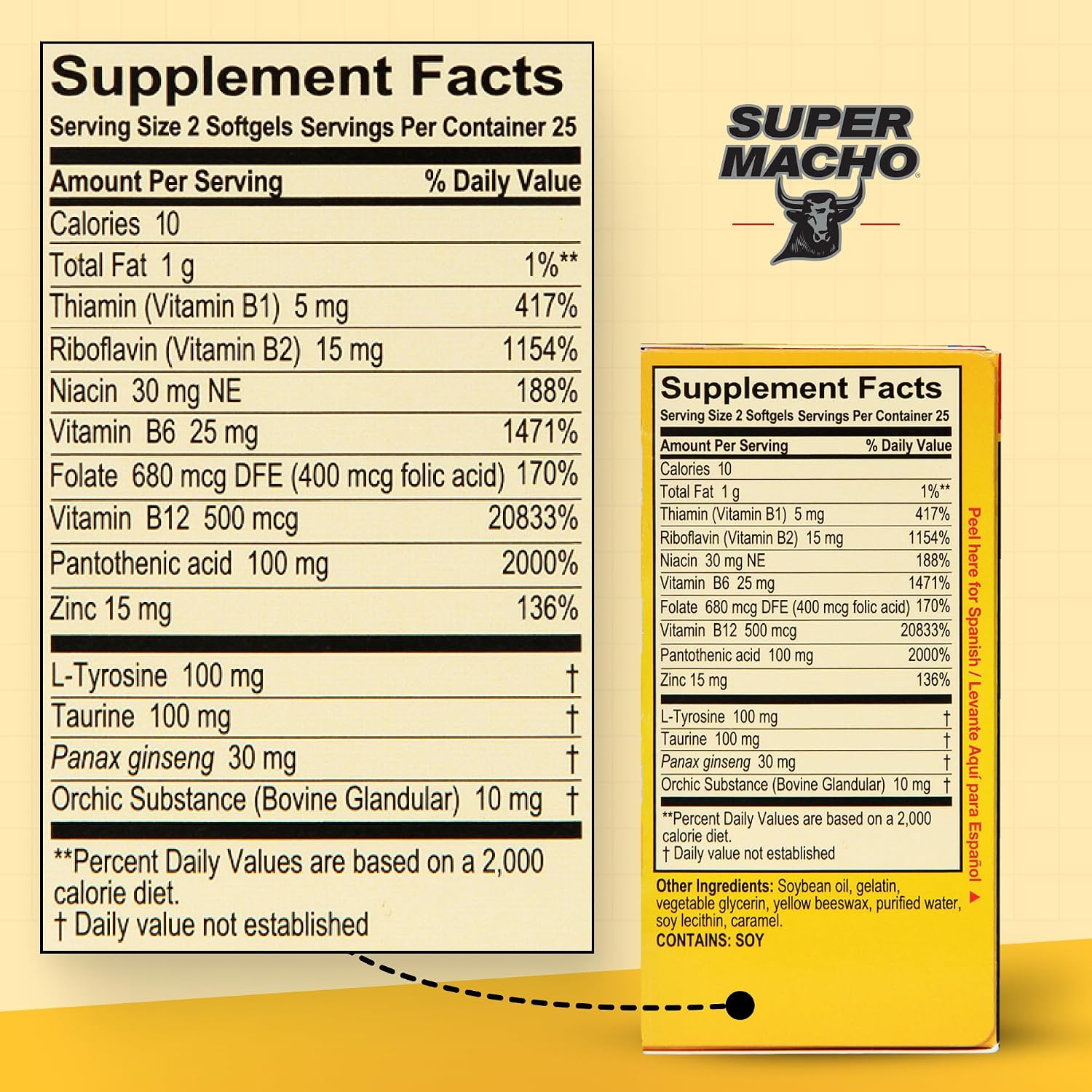 Super Macho, Complejo Vitamínico B y Aminoácidos de Alta Potencia para Hombres Activos, Sin Cafeína ni Azúcar, 50 Cápsulas Blandas