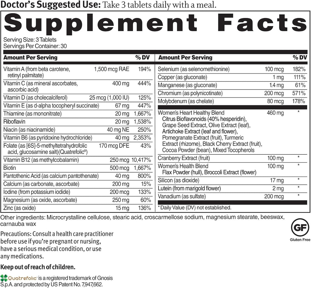 Dr. Sinatra Multivitamínico para Mujeres Salud Cardíaca con Vitamina D, A, B12, C, E, Biotina, Folato y Zinc - 90 Comprimidos