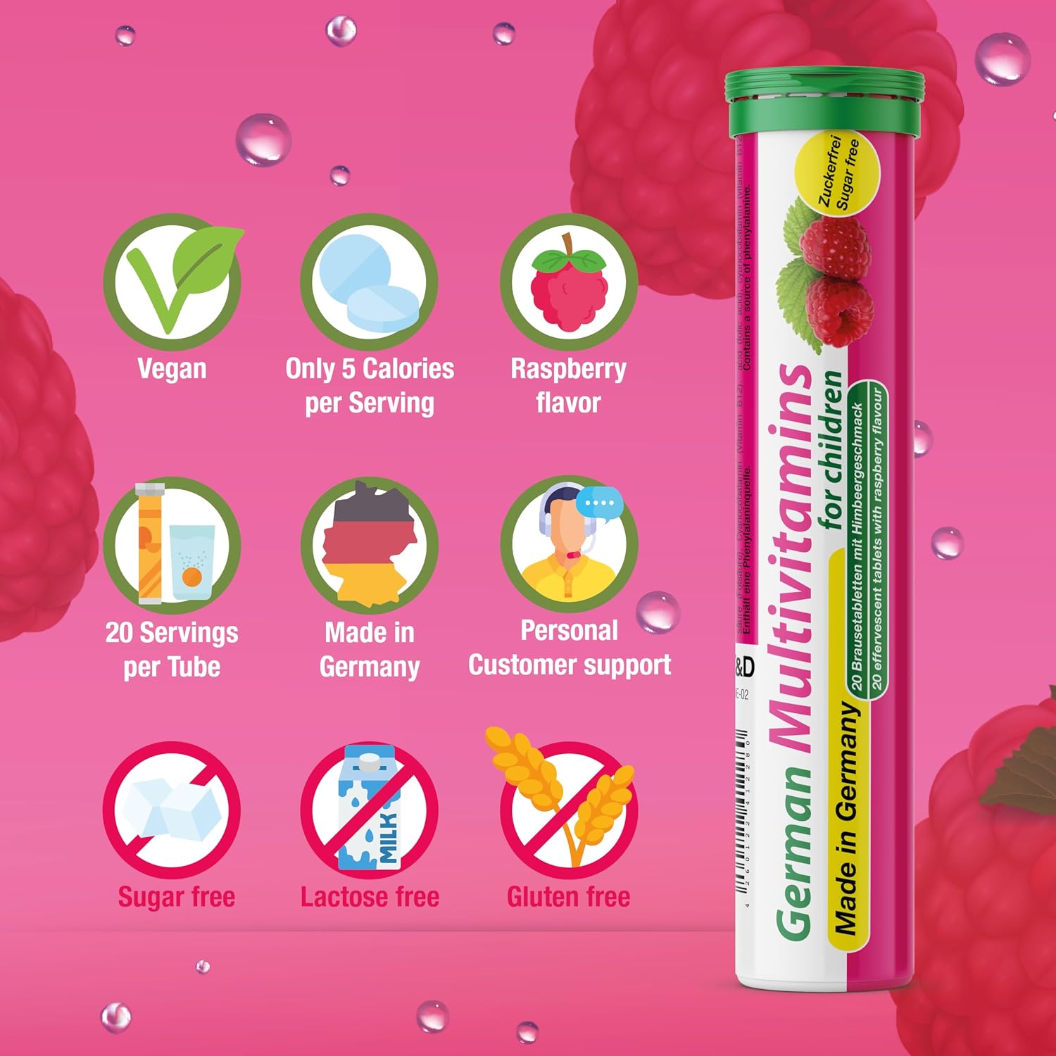 T&D Multivitamin for Kids - Comprimidos Efervescentes - Sabor Frambuesa - 60 Unidades