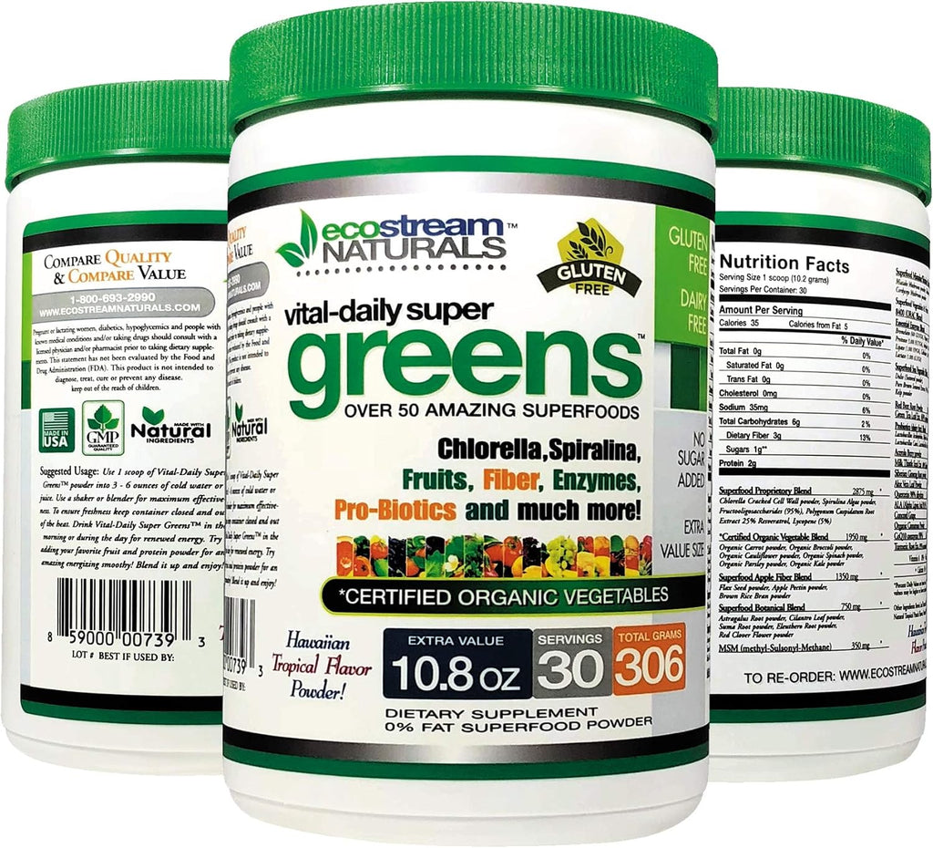 Vital First Daily Greens - Mezcla de Superalimentos con Vegetales Orgánicos y Enzimas - Sabor Tropical 306g