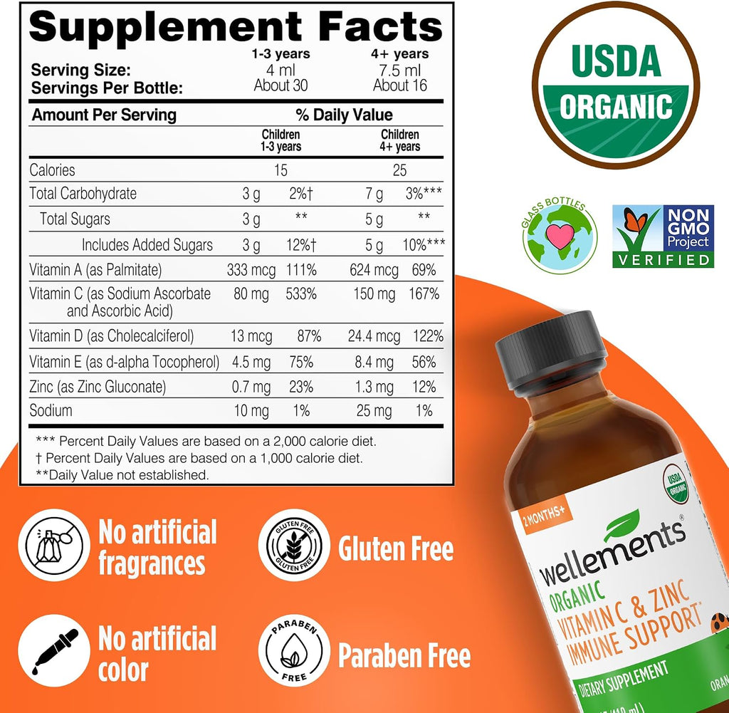Wellements Organic Kids Immune Support Jarabe con Vitamina C y Zinc (118 ml) - a partir de 2 meses