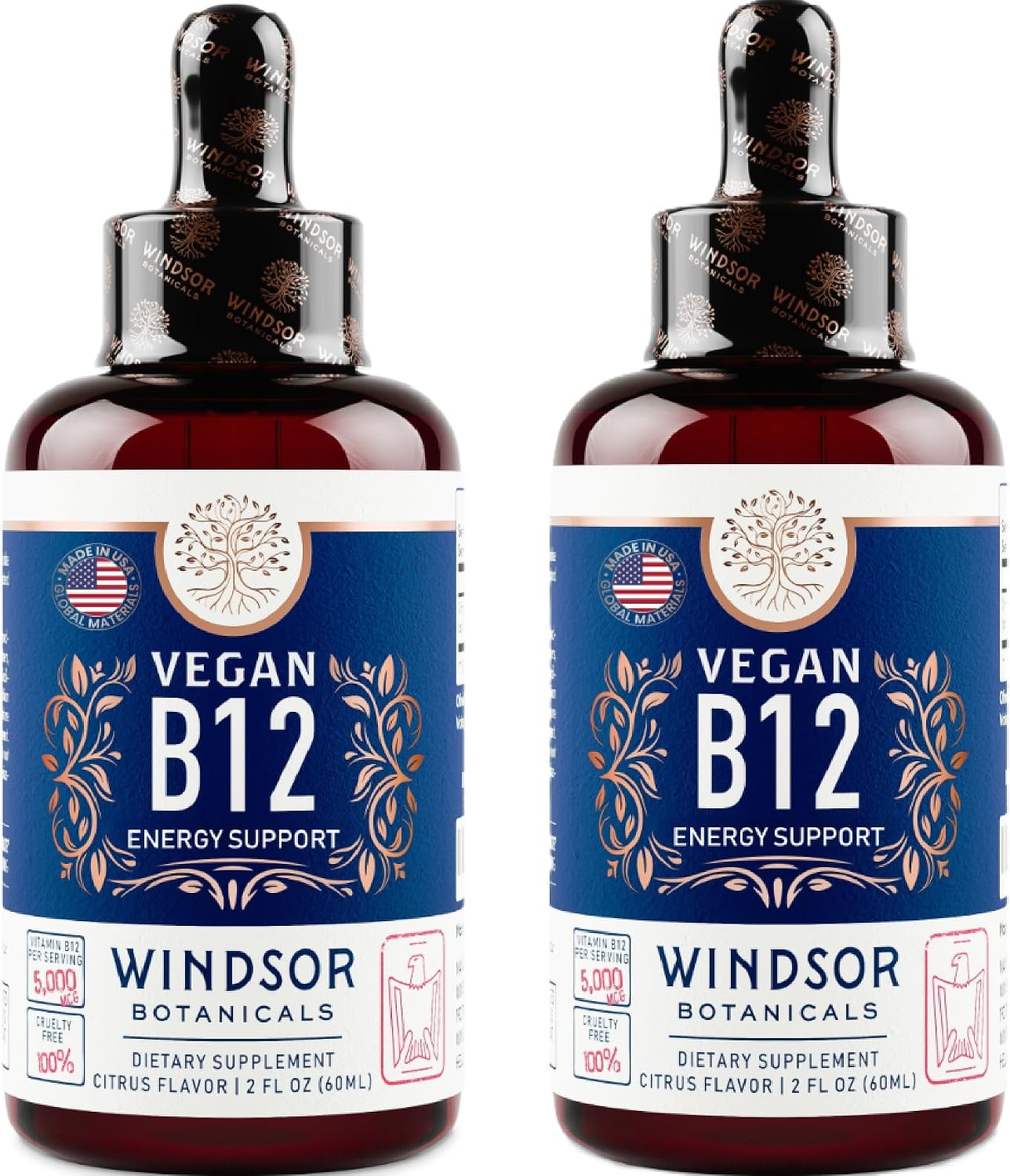 WINDSOR BOTANICALS Vitamina B12 Líquida Vegana - Metilcobalamina 5000 mcg - Gotas Sublinguales de Absorción Rápida - Sabor Cítrico, 60 ml