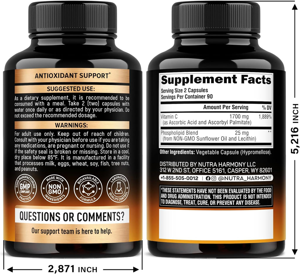 Liposomal Vitamin C 1700 mg | Fórmula de Alta Absorción | 180 Cápsulas