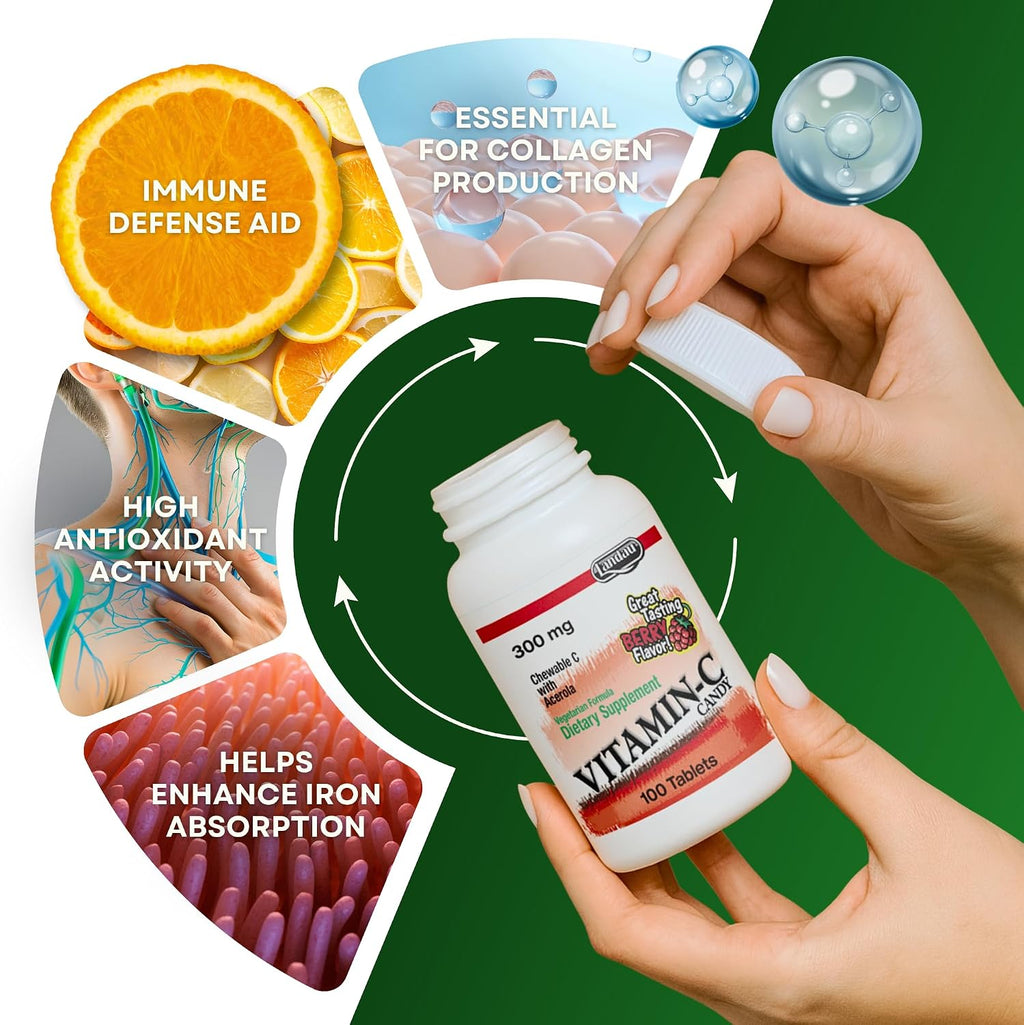LANDAU Vitamina C Masticable 300 mg con Acerola - Sabor a Bayas - 100 Comprimidos