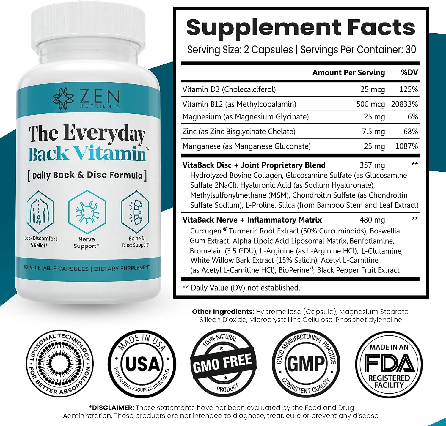 Zen Nutrients The Everyday Back Vitamin - Alivio para la Espalda Baja y Soporte de la Función Nerviosa - Alivio de Espalda, Discos y Nervios con Ácido Alfa Lipoico, Cúrcuma y Glucosamina (60 Cápsulas)