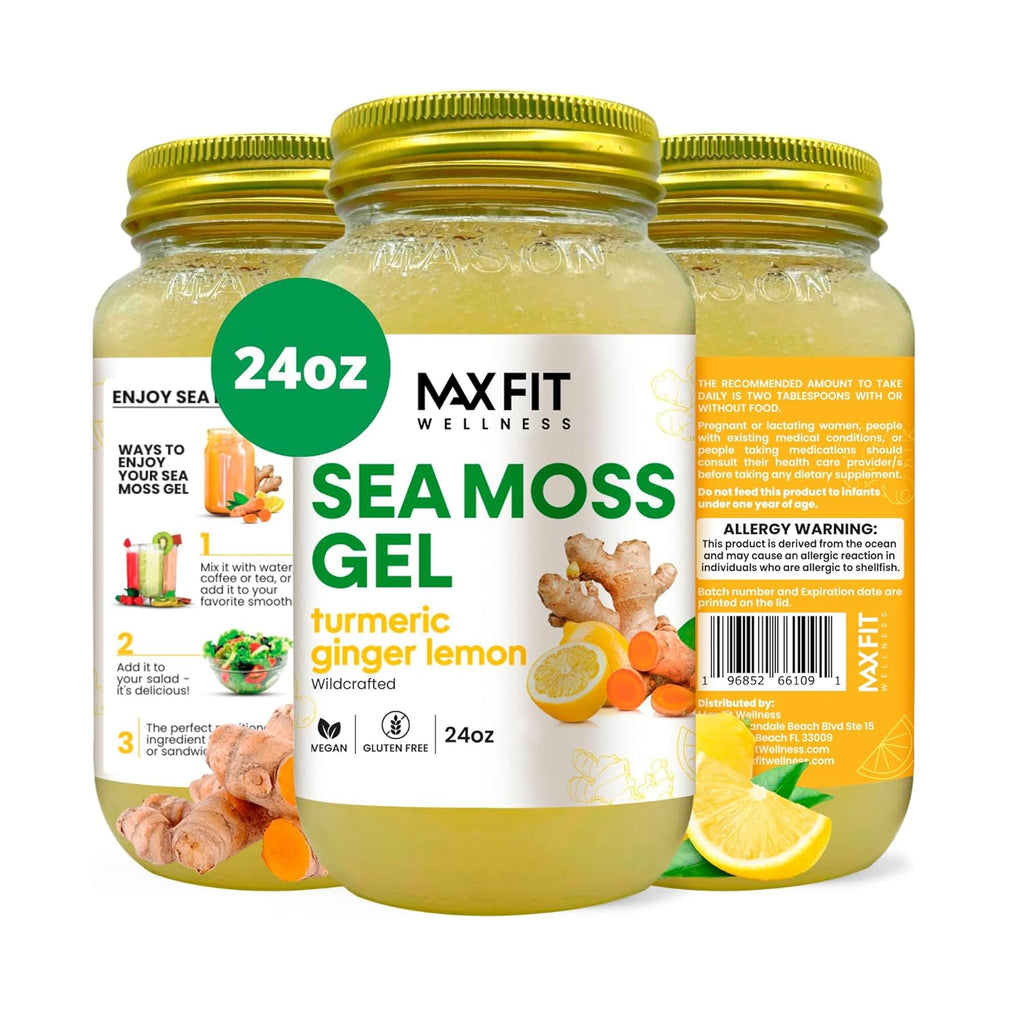MAX FIT Gel de Musgo de Mar con Cúrcuma, Jengibre y Limón (24 oz) - Silvestre de Santa Lucía | 92 Vitaminas y Minerales | Puro y No-GMO