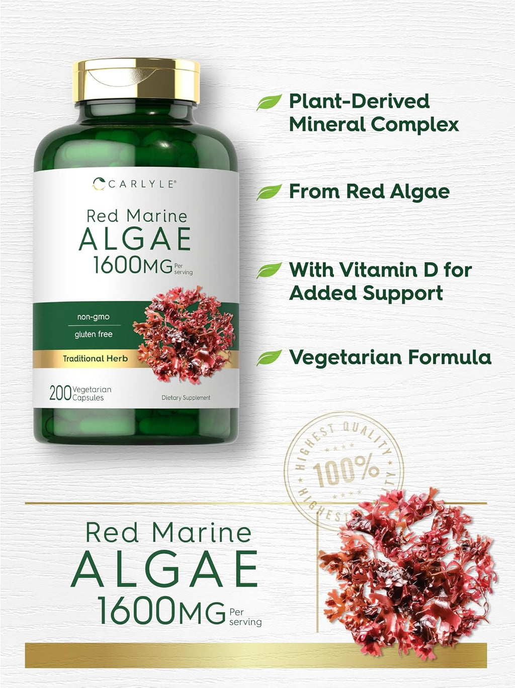 Carlyle Alga Roja Marina 1600mg | 200 Cápsulas | con Calcio, Magnesio y Vitamina D3 | Suplemento Vegetariano, No GMO, Sin Gluten