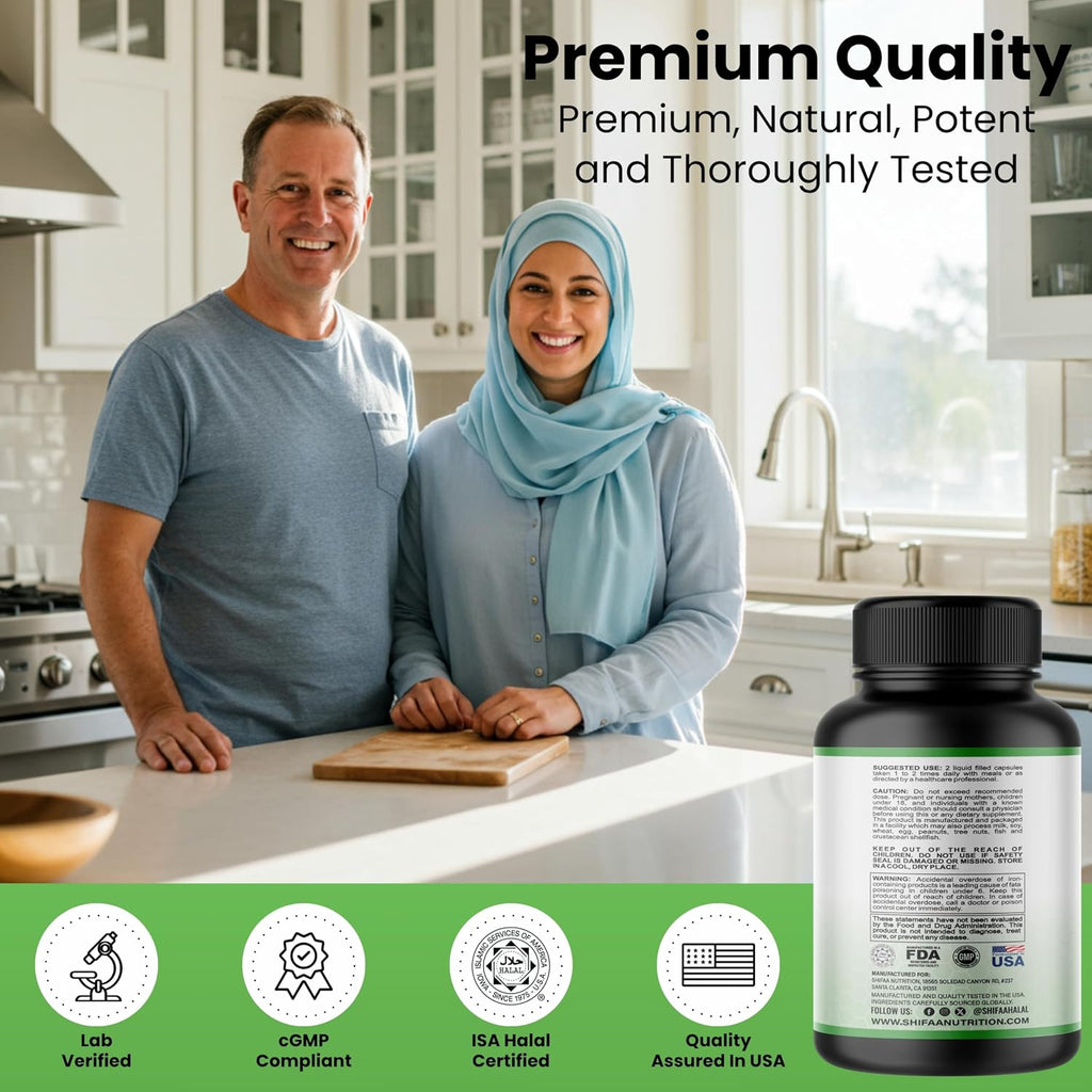 SHIFAA NUTRITION Multivitamínico Halal para Mujeres y Hombres – Apoyo Integral para el Corazón, Cerebro, Ojos y Sistema Inmunitario – Sin Gluten, Lácteos ni Huevo (45 Días)
