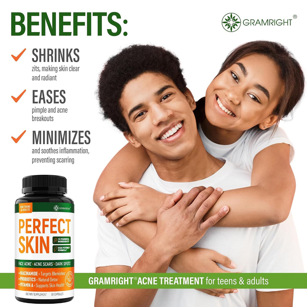Perfect Skin Acne Pills - Suplemento para el Acné con Niacinamida, Probióticos y Zinc, 60 Cápsulas