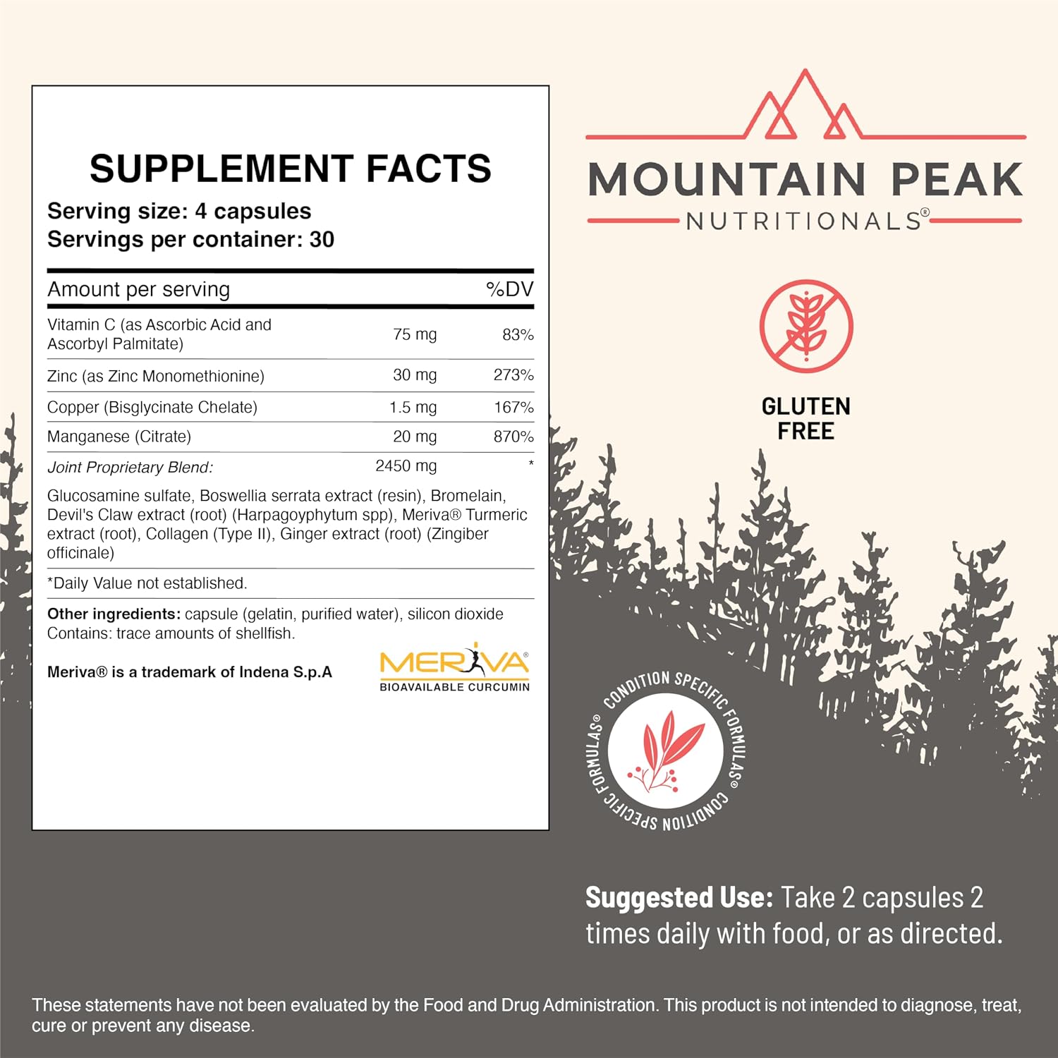 Mountain Peak Nutritionals Fórmula Articular - Glucosamina, Boswellia y Vitamina C - 120 Cápsulas
