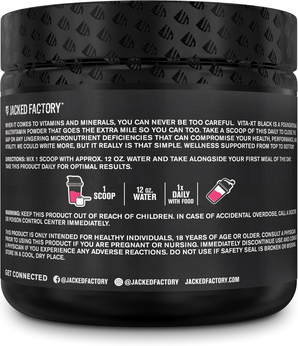 Jacked Factory Vita XT Performance Vitamin Powder - Multivitamínico en polvo para hombres con KSM-66 Ashwagandha, fibra prebiótica, vitaminas A, C, D, K, B6, B12 y más - Sabor limonada de fresa, 30 dosis